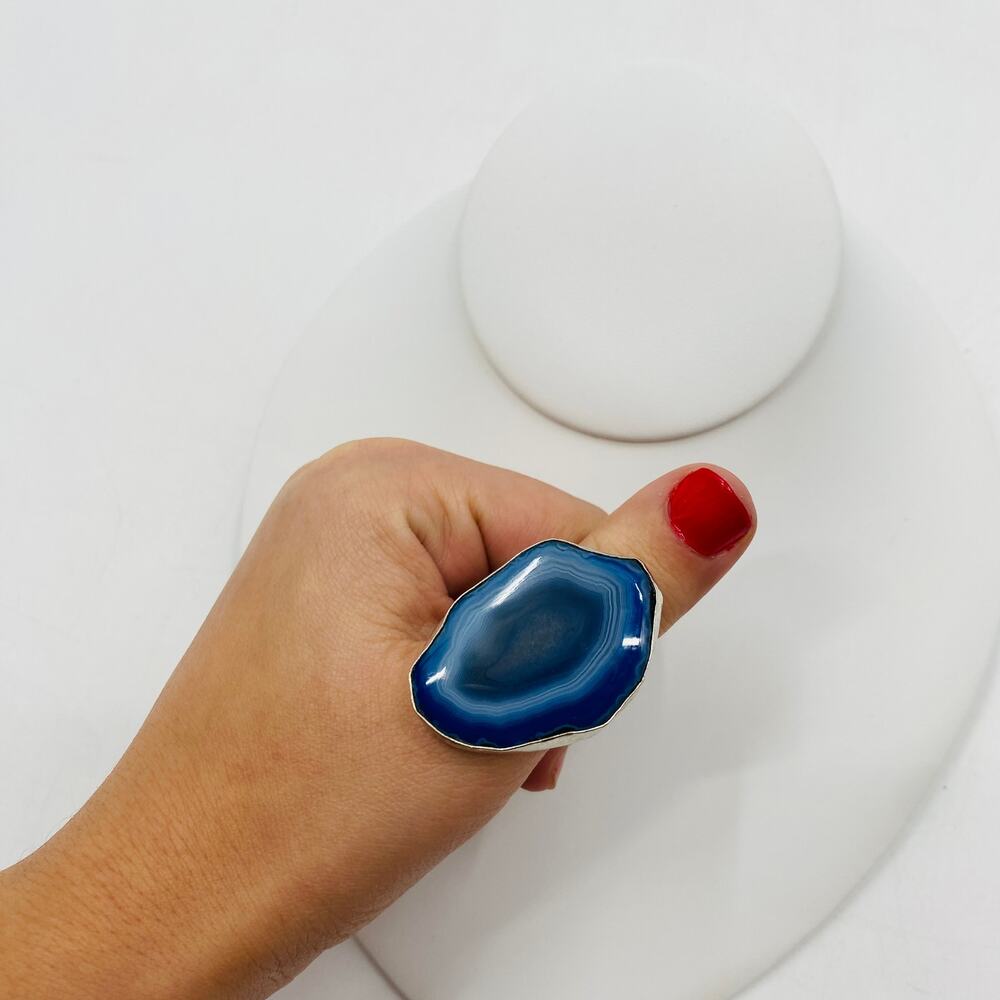 Large Stone Geode Silver Blue Adjustable Ring - image 1